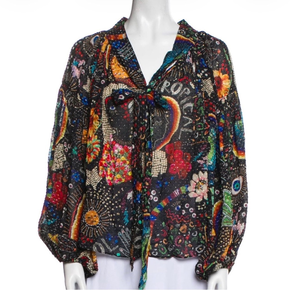 Farm Rio Semi Sheer Front Tie Closure Blouse size S